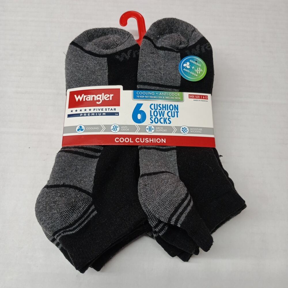 Wrangler Five Star Premium Cushion Low Cut Socks Cooling Anti Odor 6 Pack Black